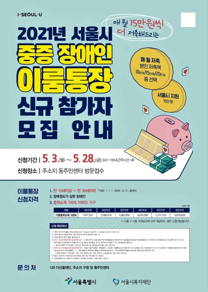 ▲21년 서울시 청년 중중장애인 이룸통장 참가자 모집 안내 포스터