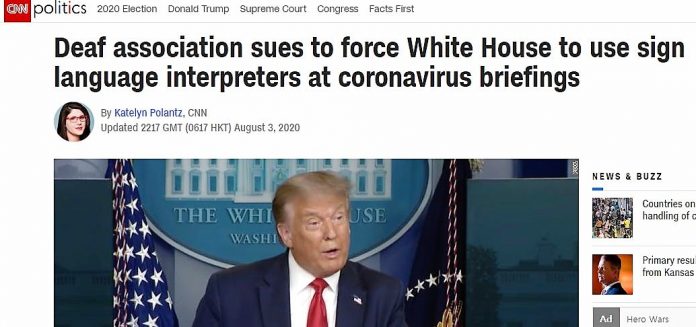 CNN(By Katelyn Polantz, August 3, 2020), “Deaf association sues to force White House to use sign language interpreters at coronavirus briefings” 화면 캡처