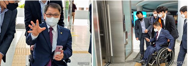 ▲이종성 의원이 실내 내비게이션을 이용 서울역사에서 엘리베이터로 이동하고 있다 ⓒ더인디고