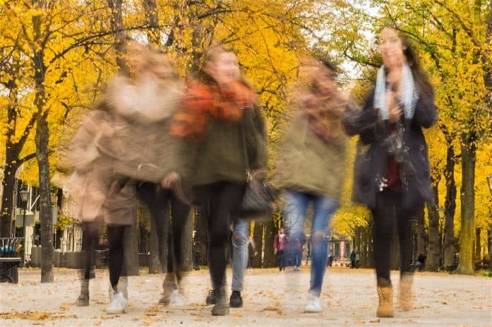 가을 분위기의 노란 잎이 떨어지는 공원을 젊은 여자들이 걷는 모습