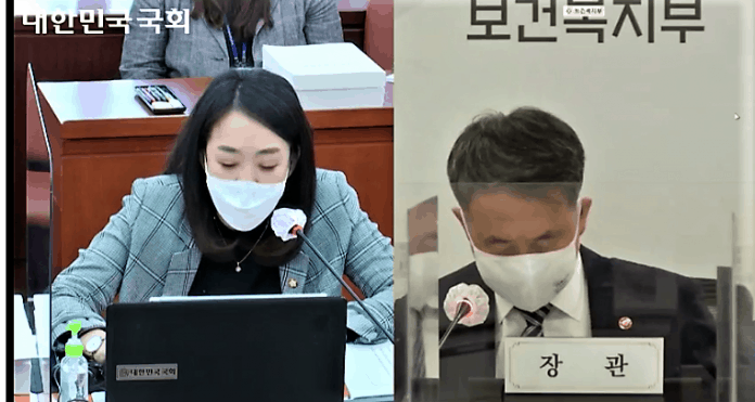 8일 보건복지부 국정감사에서 최혜영 의원이 박능후 보건복지부 장관에게 질의하고 있다.