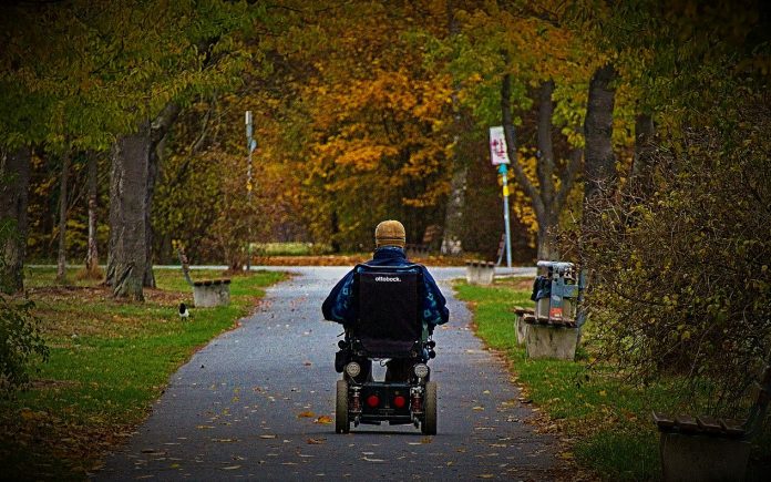 휠체어 사용 장애인이 공원을 산책하다