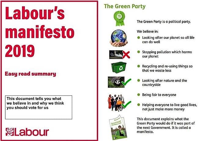▲영국의 읽기 쉬운 선거공약집(easy read manifestos). 왼쪽은 노동당 공약집 표지. 오른쪽은 녹색당 본문 내용 일부다.