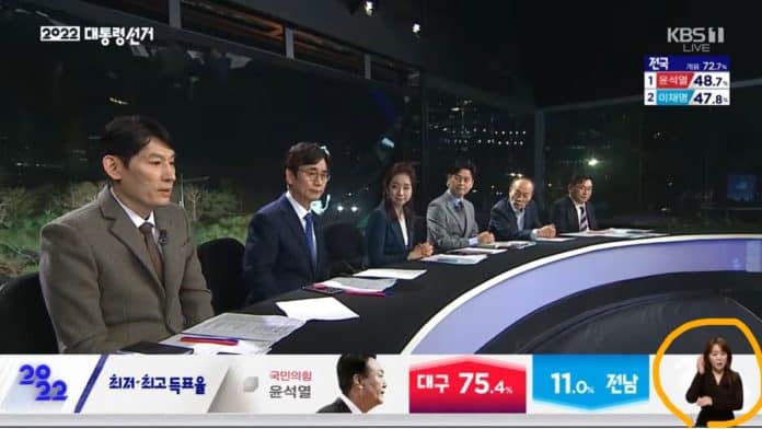 ▲20대 대선 개표방송에 KBS가 수어통역을 실시하고 있다. 사진=유튜브 캡처