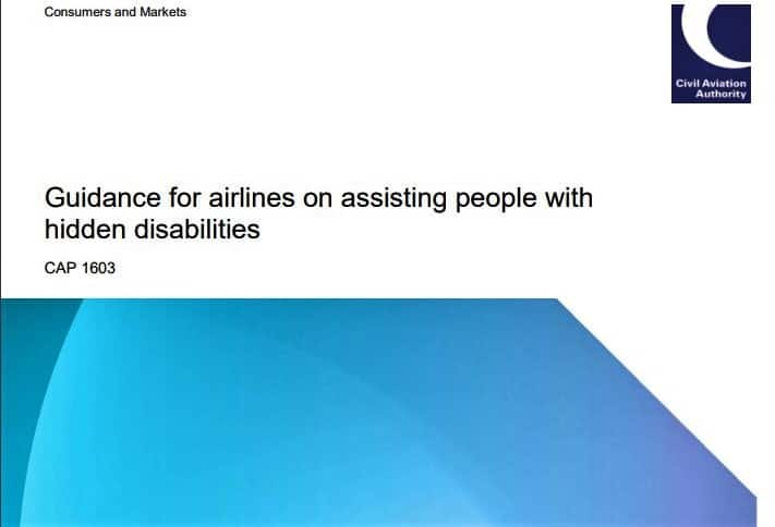 ▲영국 민간항공국(the Civil Aviation Authority. CAA)의 ‘장애인 지원에 대한 항공사 가이드라인 (Guidance for airline on assisting people with hidden disabilities) 표지 캡처