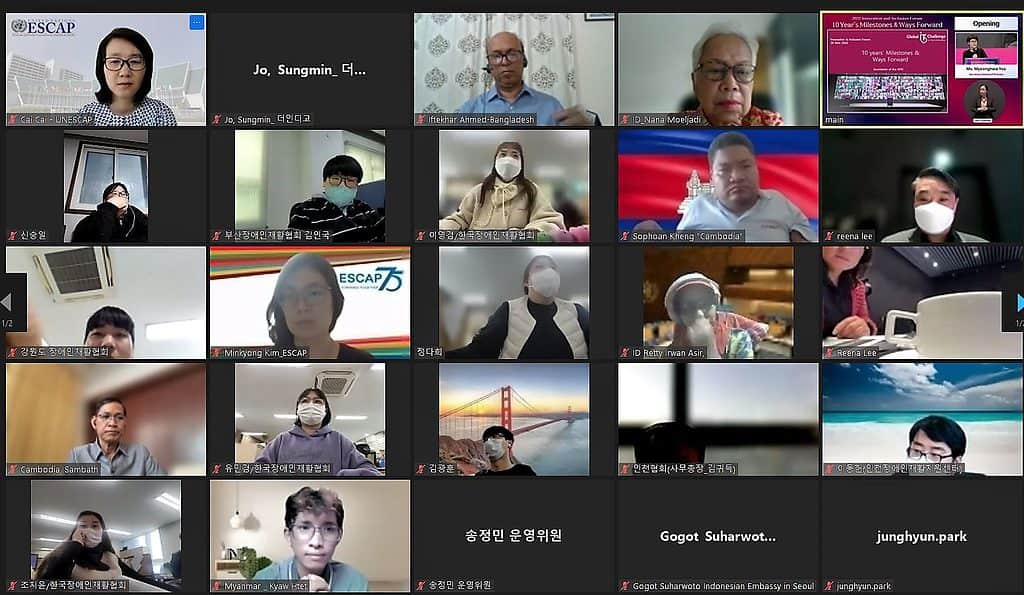 ▲캄보디아, 태국, 말레이시아 등의 참가국 대표들이 현장과 온라인에서 GITC를 통한 자국 내 장애청소년과 사회적 변화 사례를 공유하고 있다. ⓒ줌 화면 캡처