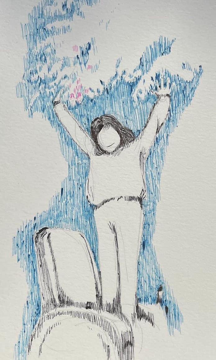 ▲봄날, 벚꽃 나무 아래 한 명의 여자 아이가 휠체어 위에 서서 하늘로 손을 뻗고 있다. ⓒ김소하 작가