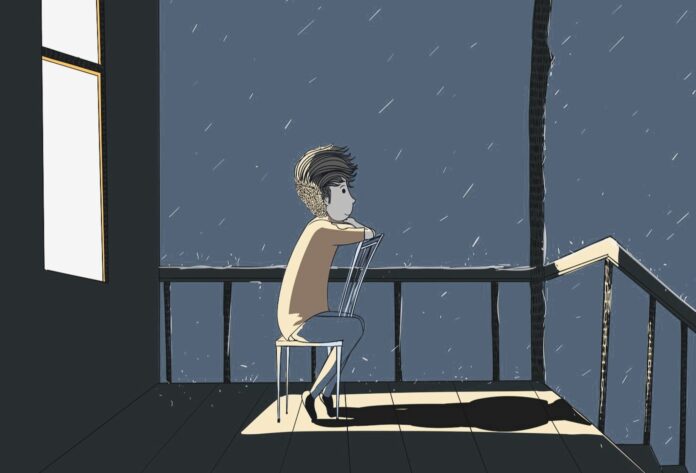 ▲한 청년이 빗방울이 떨어지는 밤에 문밖에 나와 의자에 앉아 있다. ⓒ픽사베이