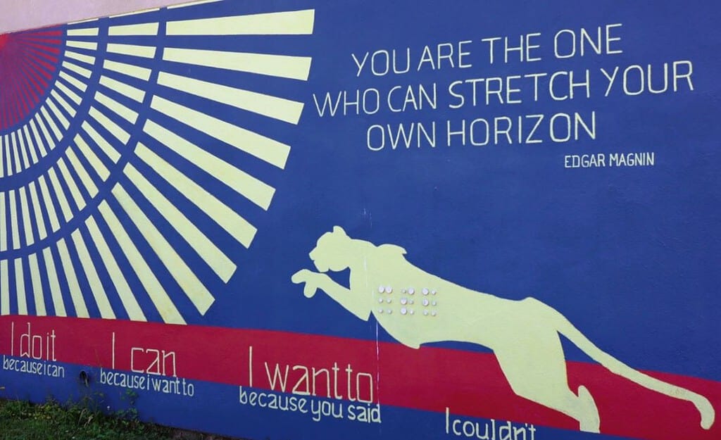 ▲맹학교의 상징인 치타가 지평선을 넘는 모습의 벽화 사진 ©한국장애인재활협회